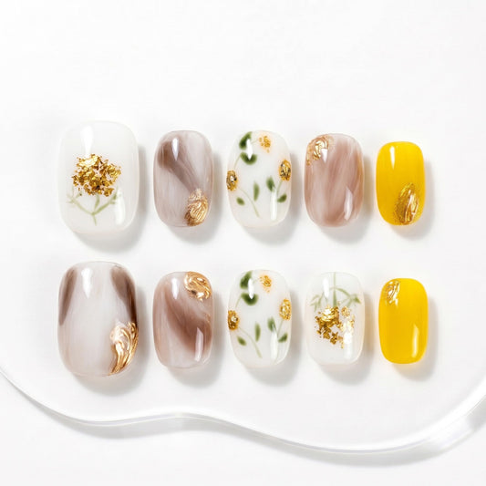 Sun&Beam Nails Handmade Press On Nail Short Round Hand-painted Golden Flowers Acrylic Fake Tip Design Art Charms Cute with Storage Box 10 Pcs (#005 XS)
