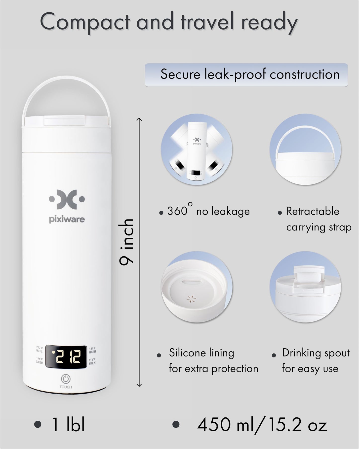 Pixiware Travel Kettle Lift Lid for Hot Water on the Go 450ml – Small Portable Mini Electric Kettle – 4 Smart Temp Presets – Auto Shut-Off – Leak-Resistant – Stainless Steel BPA-Free 304