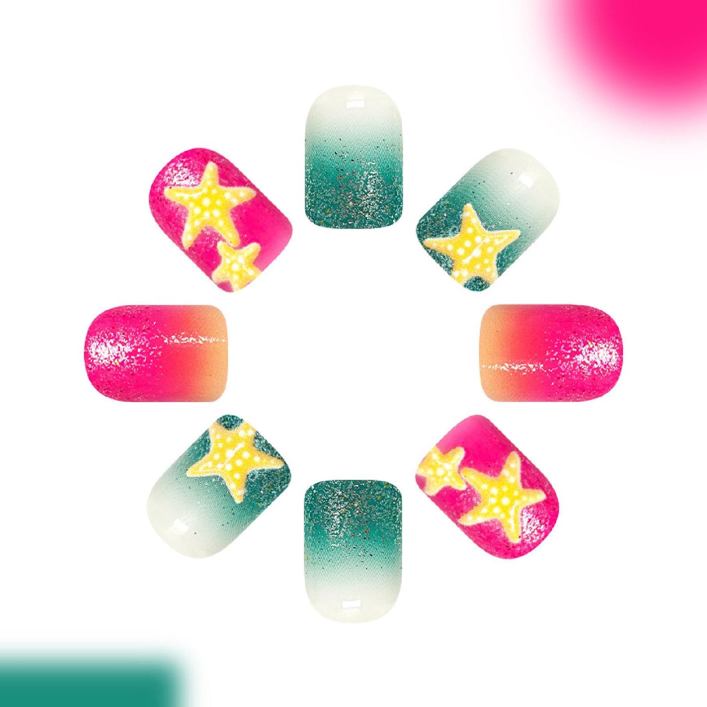 24Pcs Starfish Press on Nails Short Square Fake Nails with Gradient Glitter Designs Nails Press ons Red Green Artificial Nails Summer Stick on Nails for Women