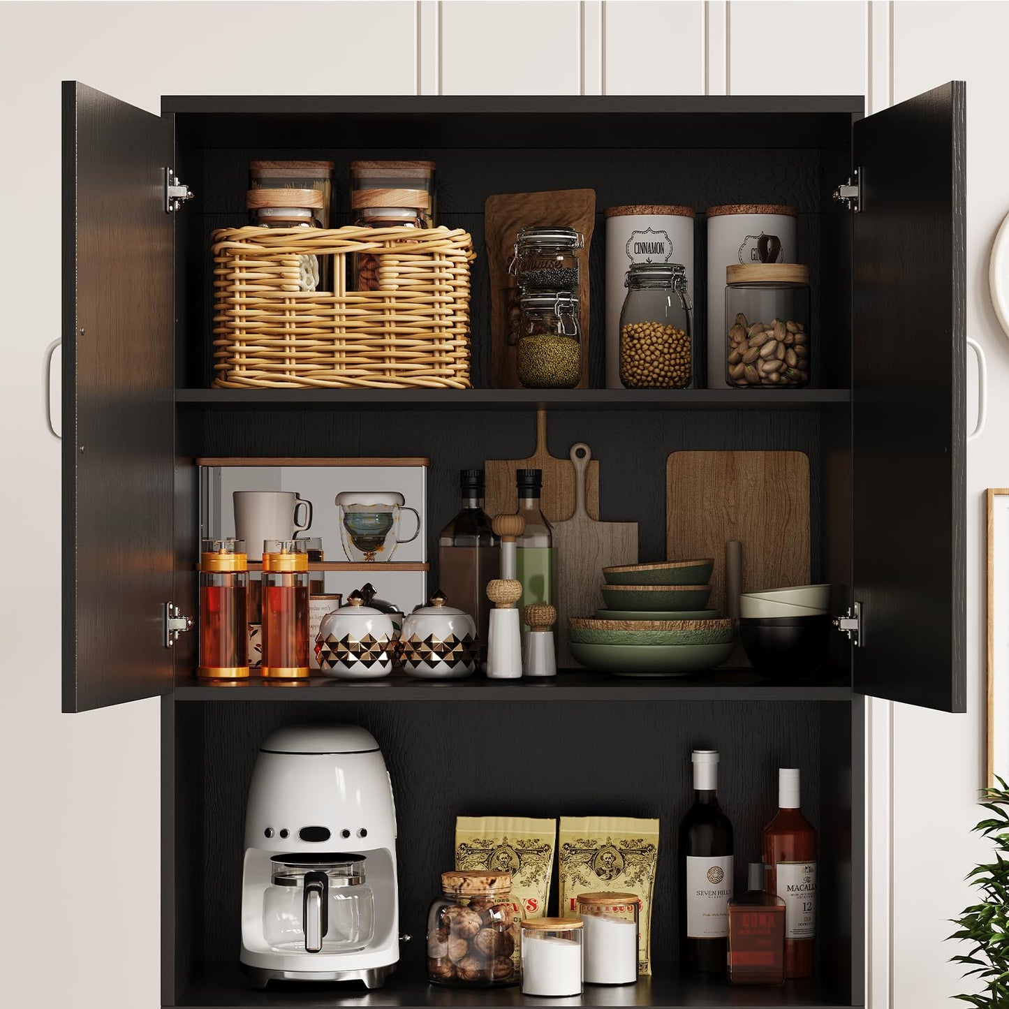 IDEALHOUSE 70" Kitchen Pantry Storage Cabinet, Farmhouse Kitchen Hutch Cabinet with 4 Doors & 2 Adjustable Shelves, Freestanding Cupboard with Microwave Stand for Dining Room,Living Room,Black