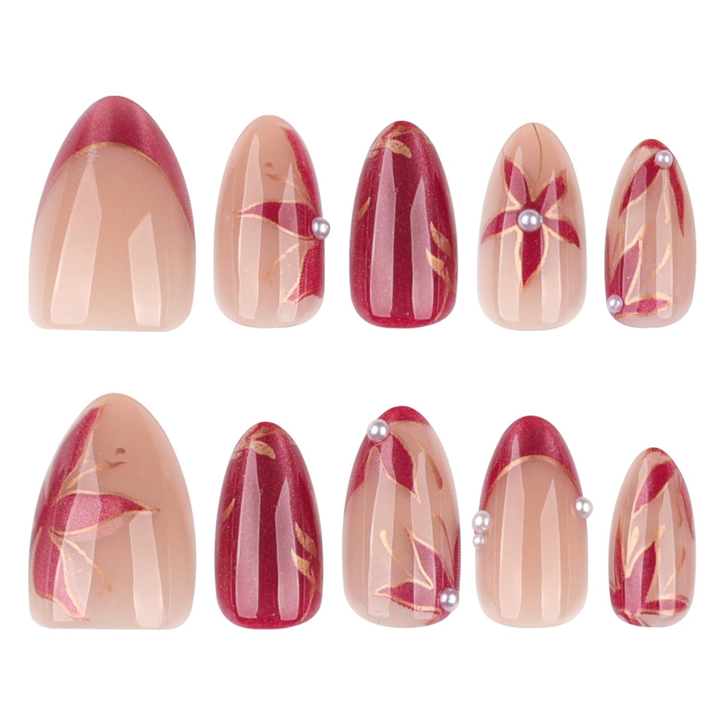 CTTHNBD Press on Nails Almond - Short Fake Nails with Flower Leaf Design - Glossy Full Cover Stick on False Nails - for Women 24 Pcs