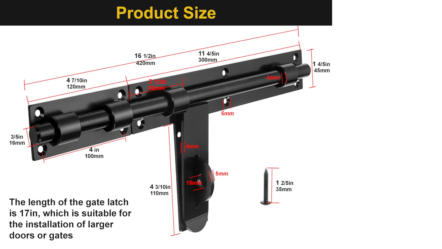 Heavy Duty 17" Carbon Steel Slide Bolt Latch - Extra Thick Security Lock for Barn Doors, Fence Gates, Warehouse, Entry Gates - Left/Right Hand Installation, Welding & Screw Mount (Patent Pending)