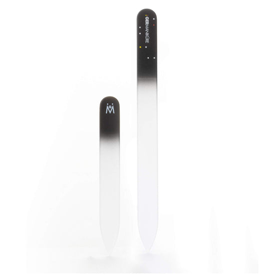 GERMANIKURE 2 Pc Black Glass Nail File Set with Suede Sleeves - Fingernail File & Small Travel Nail File - Professional Manicure & Pedicure Kit for Natural Nails - Ethically Made in Czech Republic