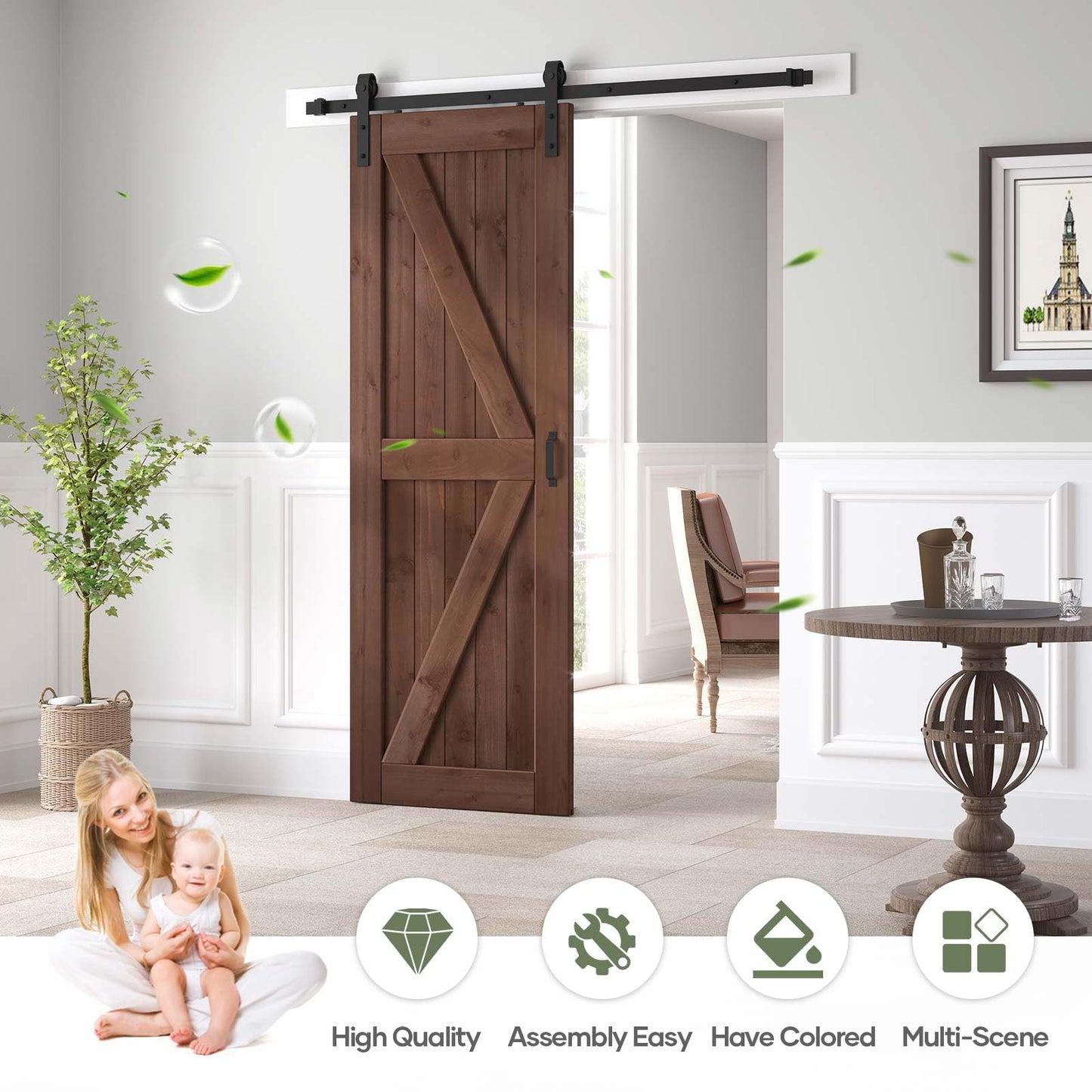 ROYMELO 30x80 inch Sliding Barn Wood Door Slab with 5ft Hardware Kit and Handle, Coffee, K Shape, Simple DIY Assembly