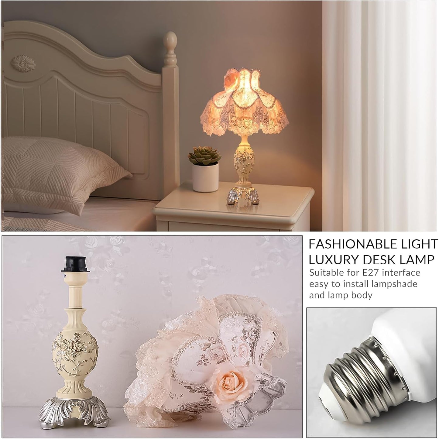 SANDYHA Pink European Style Desk Lamp with Fabric Shade,Victorian Table Lamp with E27 Bulb and Button Switch European Vintage Lamps for Bedroom Living Room Office Study