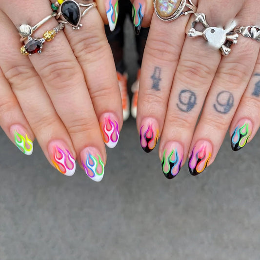 MERVF Almond Press on Nails Medium Fake Nails Colorful Flame French Tip Glue ons Fire Gyaru Goth Design Stiletto Acrylic False Nail for Women Glossy 24pcs