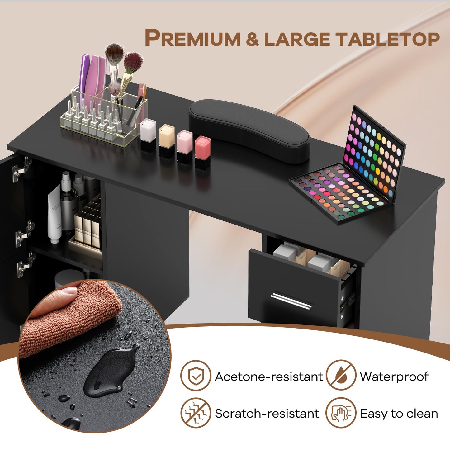 WELLHUT Nail Desk, Manicure Table for Nail Tech, Wooden Salon Station, Acetone Resistant Nail Table Computer Desk with 3 Drawers, 2 Large Cabinets, Removable Arm Rest for Home Spa Beauty Salon