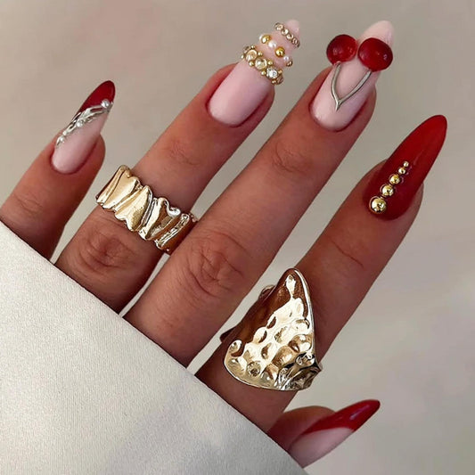 Almond Press on Nails Long Fake Nails Red Artificial Nail Cherry Stick on Nail for Women 24pcs