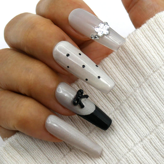 French Tip Press on Nails, Long Coffin Fake Nails,Glitter ballet-inspired style with Rhinestones, and silver black white Polka Dot Nails for Wedding Party.10Pcs Nail Kit for Women Manicure.