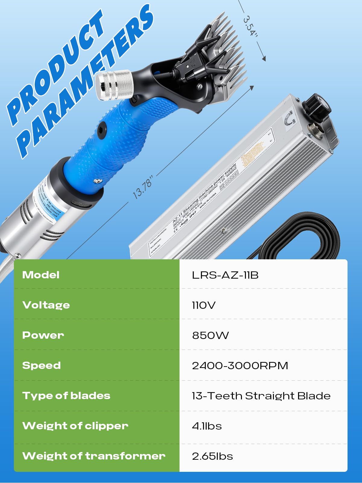 Luzrise Sheep Shears Electric 850W Sheep Clippers Professional Infinite Speed Adjustable 2400-3000RPM Low Noise Animal Grooming Clippers with 30V Output Transformer and Anti-Slip Rubber Grip (Blue)
