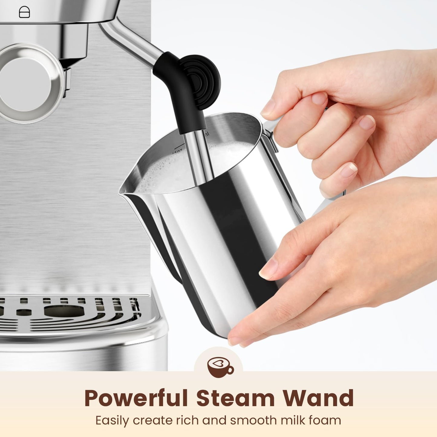 ANYCOLD Espresso Machine 20 Bar, Compact Espresso Maker, Stainless Steel Expresso Coffee Machines with Steam Milk Frother & 34oz Removable Water Tank for Cappuccino, Latte, Home Office Use, Silver