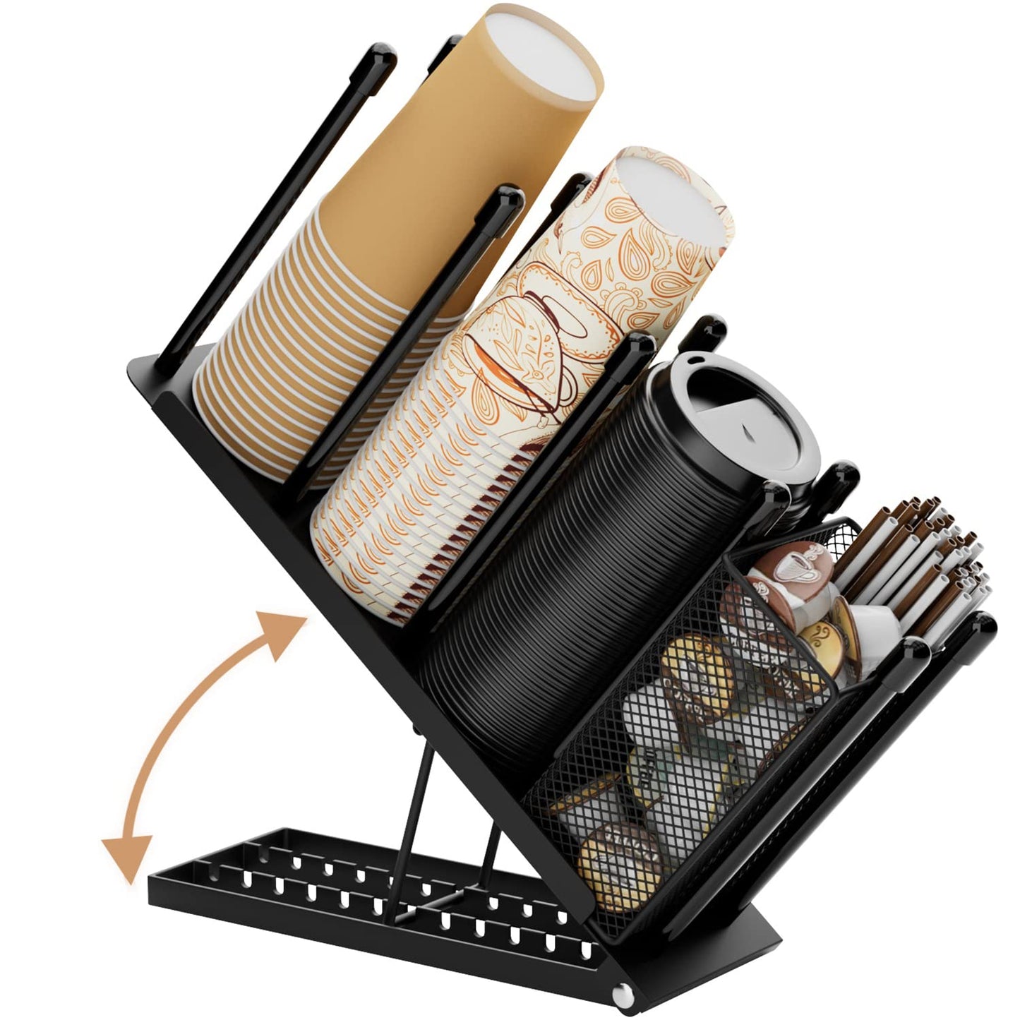 OVICAR Cup and Lid Holder - Adjustable Coffee Cup Holder Organizer 4 Compartment Disposable Cup Dispenser with Coffee Pod Straw Storage Basket for Coffee Station Bar Countertop Breakroom Metal Black