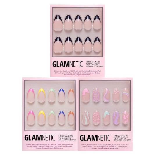 Glamnetic Press-On Nails Bundle - Sprinkles, Wild Card & Caviar | Glossy Rainbow French Tip Fake Nails | Semi-Transparent Trendy Pastel Nails | Short Almond Black French Tips
