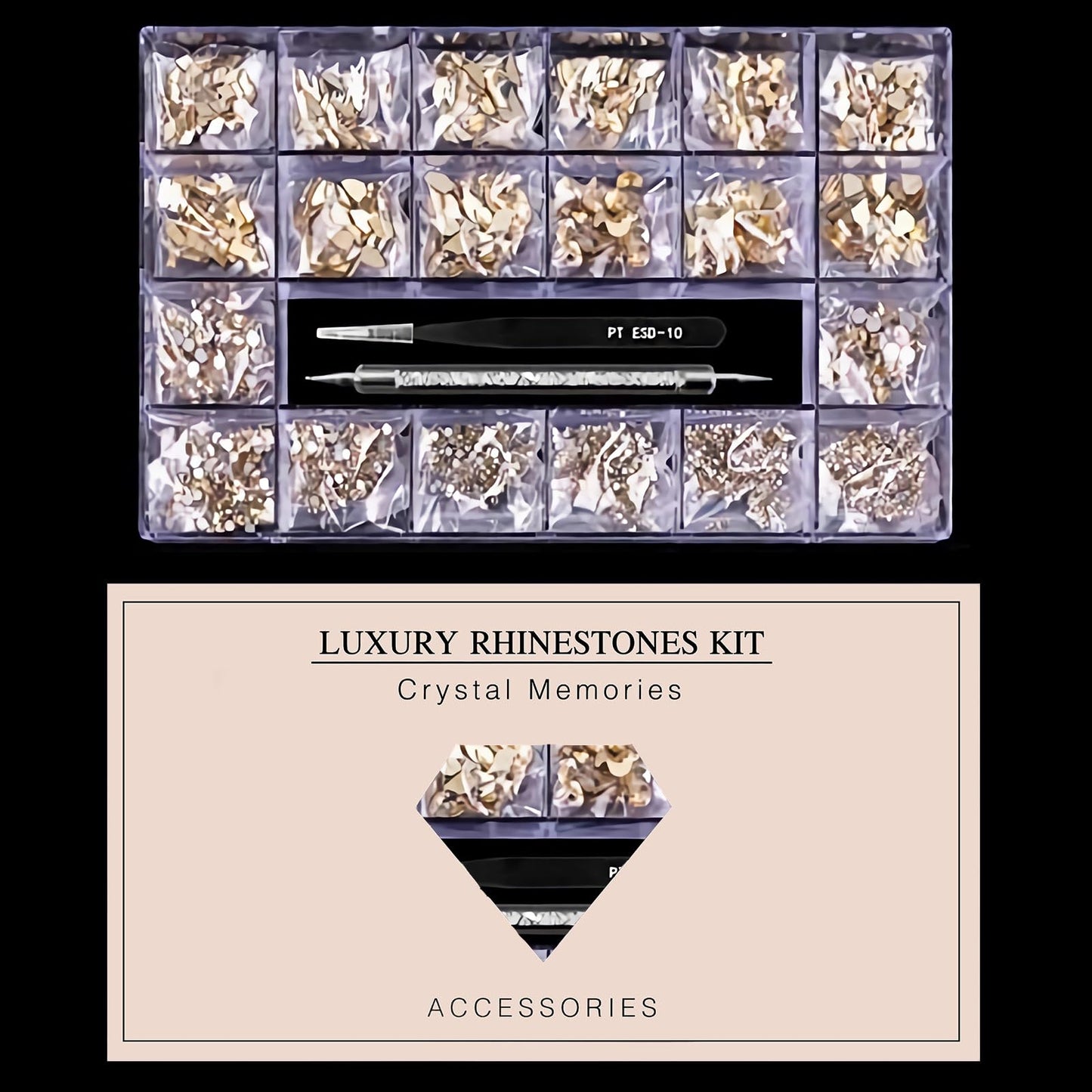 Yzzseven 12 Types of 600 Champagne Diamonds + 2500 Flat Rhinestones Mix 20 Styles Flatback DIY Crafts Rhinestone Crystals 3D Ornament‌s Flat Back Stones Set + Tweezers + Drill Pen