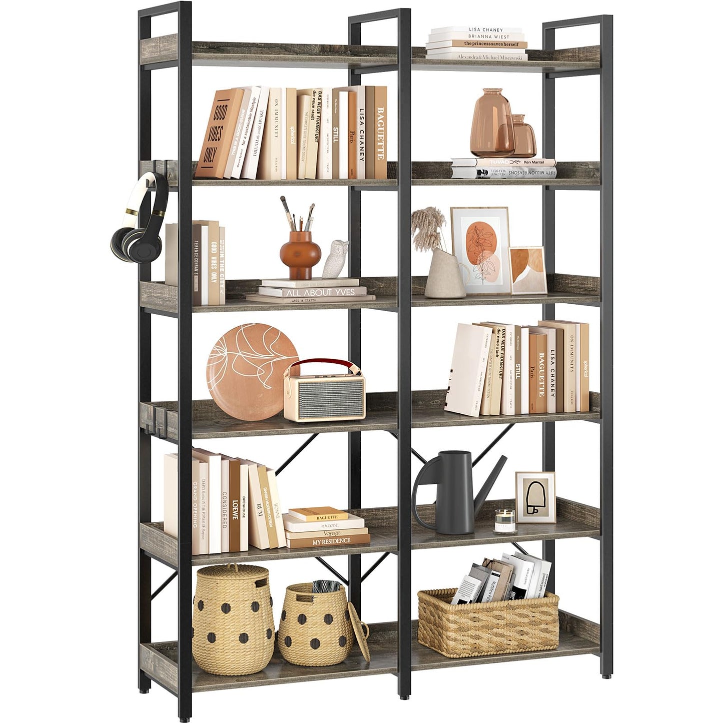 Seventable Bookshelf 6 Tier with 4 Hooks, 67” Industrial Wooden Bookcase, Vintage Storage Rack with Open Shelves, Rustic Standing Bookshelves Metal Frame 43.3” Wide Display Rack, Rustic Brown