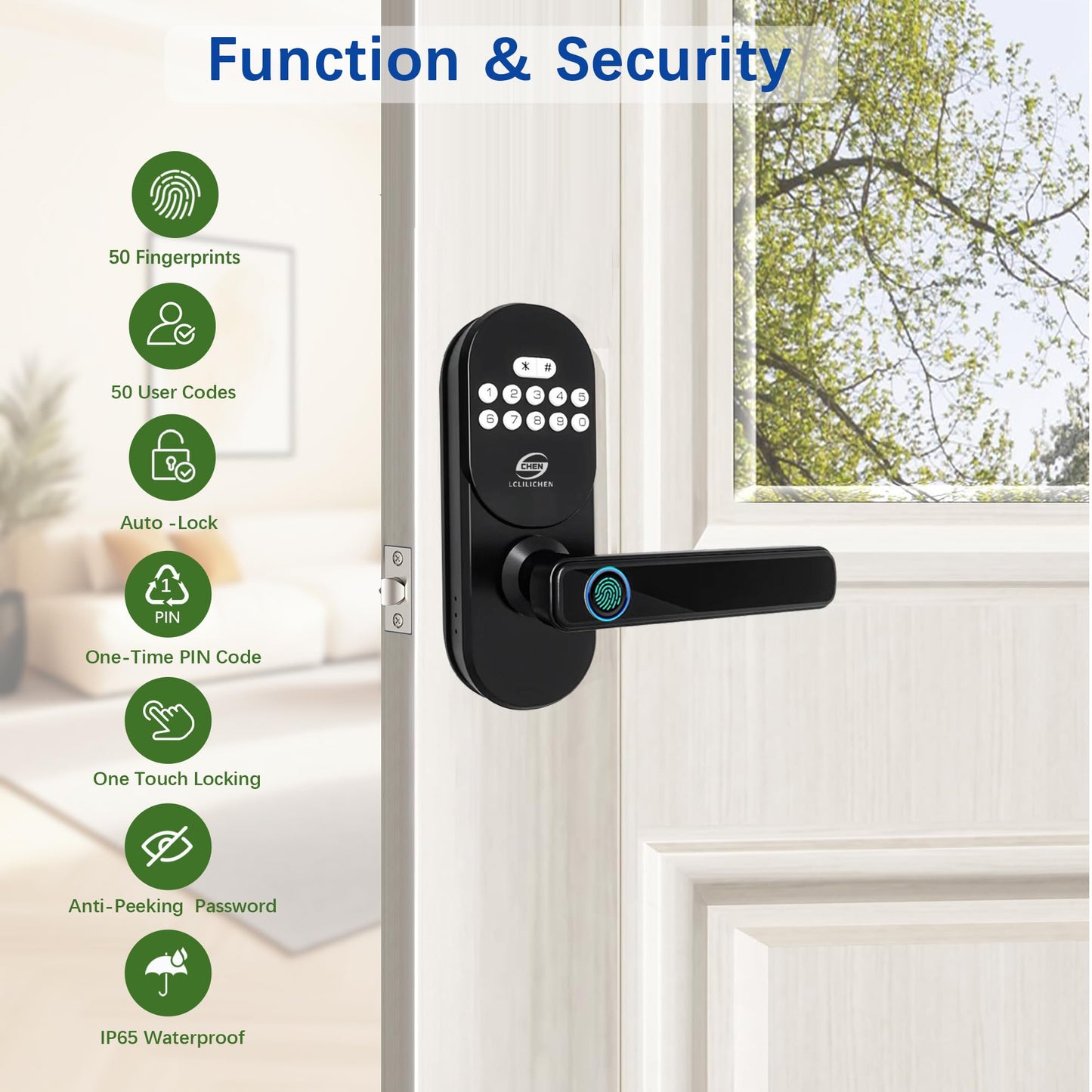 CHEN LCLILICHEN Keyless Entry Door Lock with Handle, Smart Fingerprint Deadbolt, APP Control & Keypad Password Unlock for Front Door, Home, Apartment