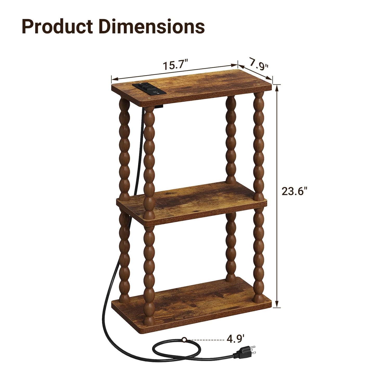 ELYKEN Side Table with Charging Station, Small End Tables Living Room with USB Port and Outlet, 3-Tier Narrow Bedside Table Nightstands for Bedroom, Rustic Brown