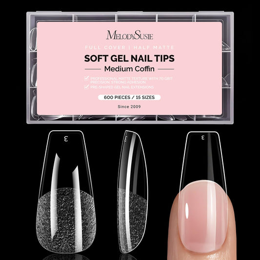 MelodySusie Medium Coffin X Nail Tips - 600Pcs 15 Sizes Clear Acrylic, Half Matte Full Cover Press on Nails for DIY Extension & Salon Use, Pre-Shaped for Long-Lasting Manicure