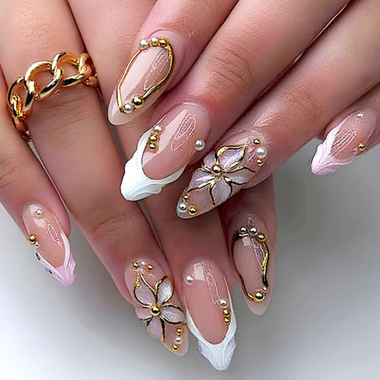 24Pcs Flower Press on Nails French Tip Medium Almond Fake Nails with 3D Pearl Design Chrome Gold False Nails Gilded Line Flowers Acrylic Nails Nude Glossy Full Cover Cute Floral Glue on Nail for Women