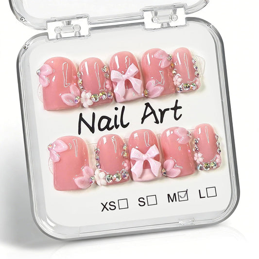 10 Pcs Handmade Press on Nails Short Square Fake Nails with 3D Flower Bow Rhinestones Charms Design White French Tip Acrylic False Nails M Size Press Ons Nails Square Pink for Women