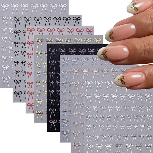 Cute Bow Nail Art Stickers 8 Sheets - Self-Adhesive Nail Decals Glossy Finish, Colors: Black, White, Red, Gold & Aurora, 3D Embossed Nail Stickers for Women DIY