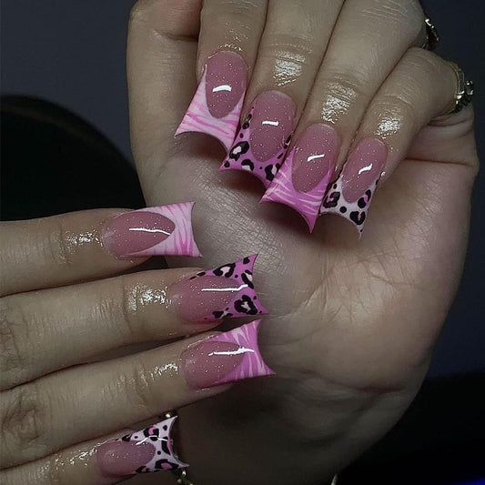 Duck Mouth Press on Nails Medium Fake Nails French Tip with Leopard Print Design Glue on Nails Glossy Acrylic Full Cover Stick on False Nails for Women 24 Pcs