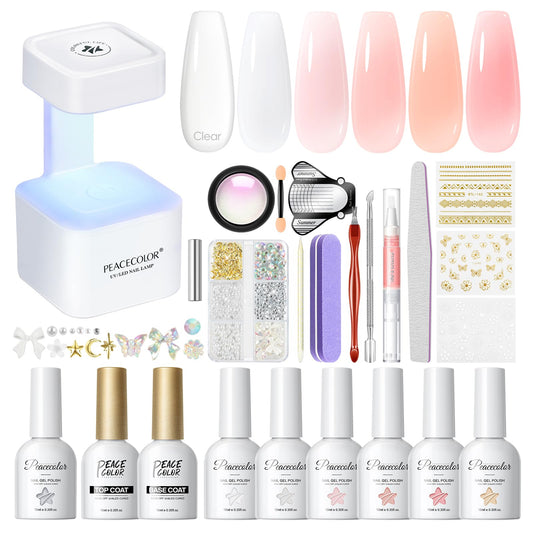 Peacecolor Nail Gel Polish Kit with Mini U V Light Clear Pink Nude White 6 Colors Builder Extension Gel Cat Eye Gel Polish Nail Extension Strengthening Gifts for Women