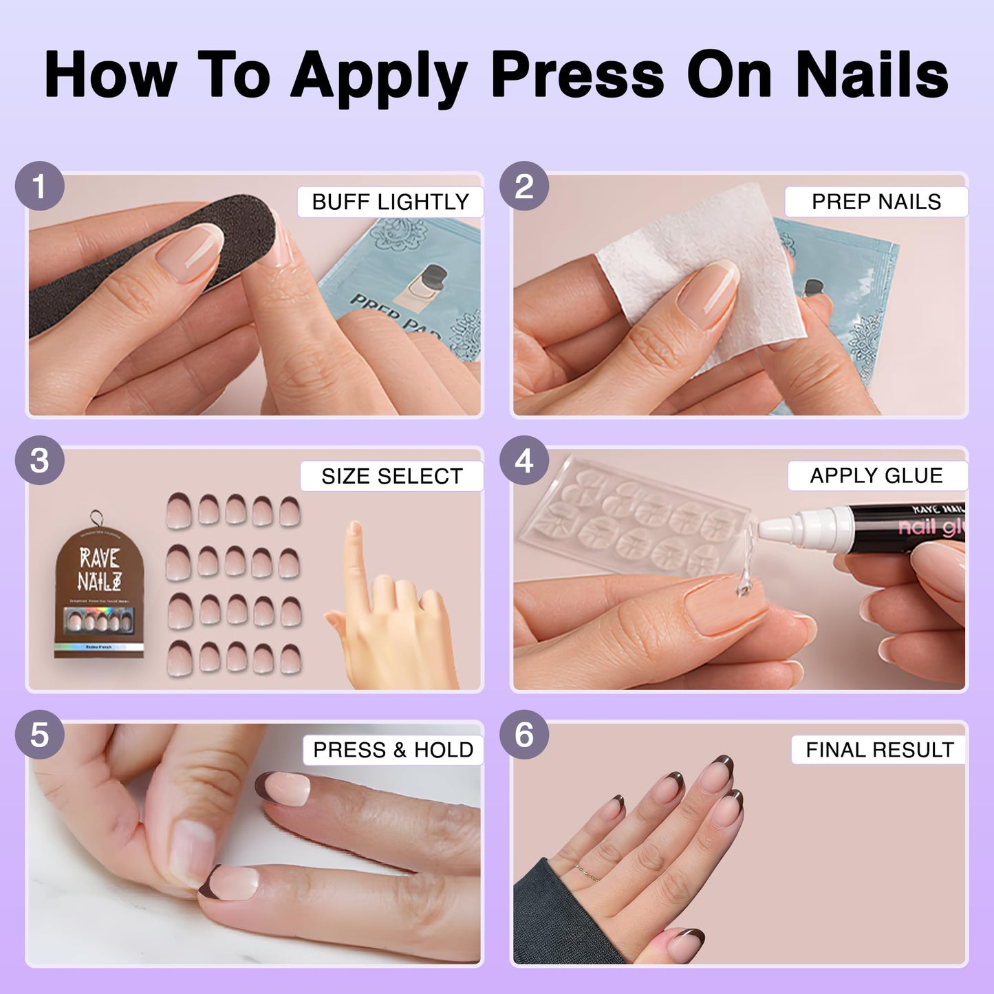 Rave Nailz Rodeo French Tip Press On Nails (24 Count) | Natural Base 3D False Oval Press On Nails Short with Brown Tip | Chip-Resistant Fake Nails with Glue, Includes File, Long-Lasting 2+ Weeks