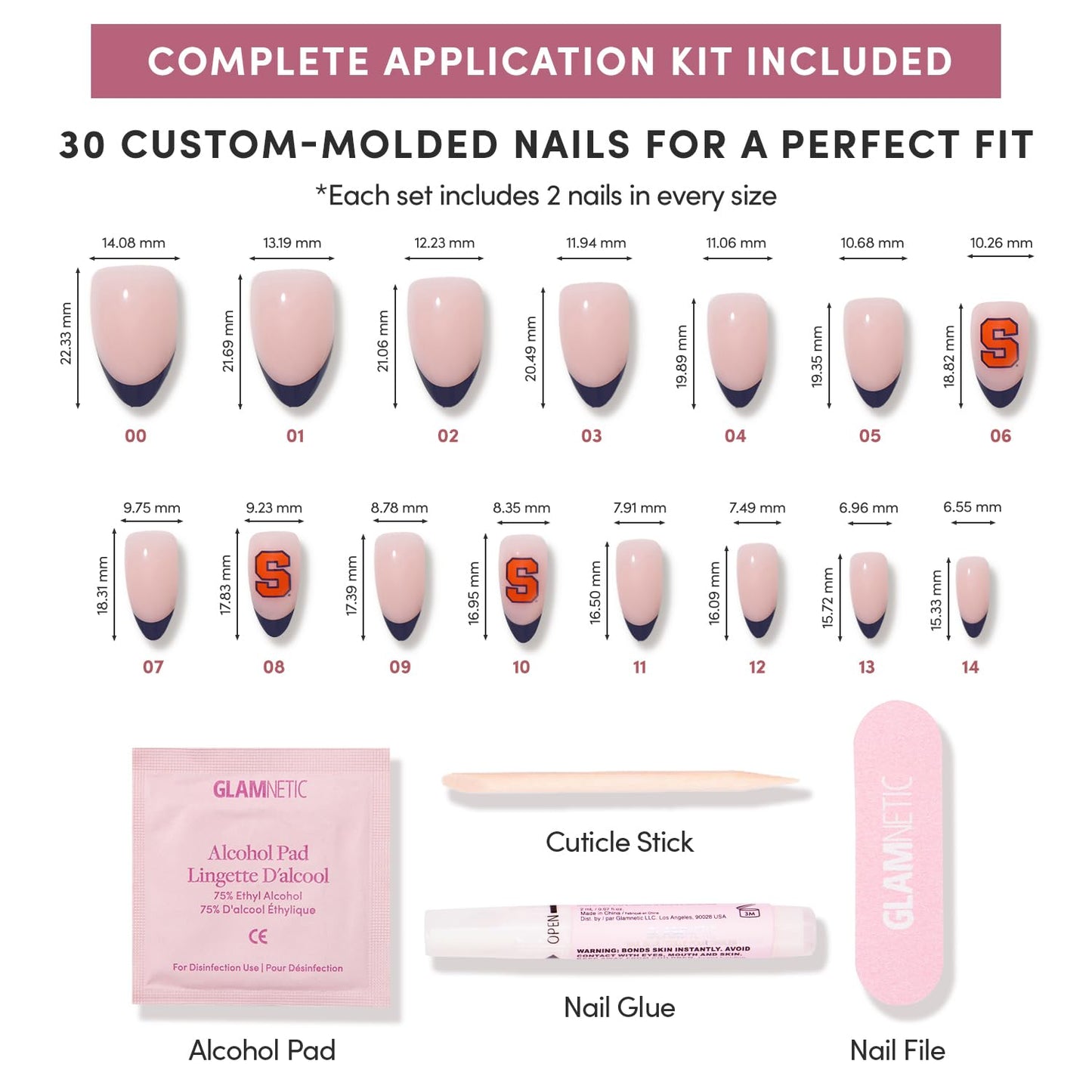 Glamnetic x Fanatics Press On Nails - Syracuse Orange | Short Almond Fake Nails, Collegiate Blue French Tips, College Nails, Salon-Quality | 15 Sizes - 30 Nail Kit with Glue