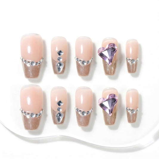 Sun&Beam Nails Handmade Press-on Medium Long Coffin Ballerina Nude Gold French Rhinestone Design False Nail Tips 10 Pcs (#136 M)