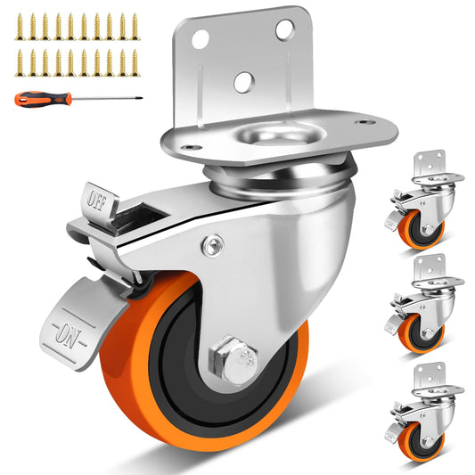 3 Inch Side Mount Casters Set of 4, L-Shape Heavy Duty Plate Caster Wheels 1000 LBS,Swivel Castors with Brakes,Silent Rubber Wheels for Furniture, Carts,Table,Office Chair