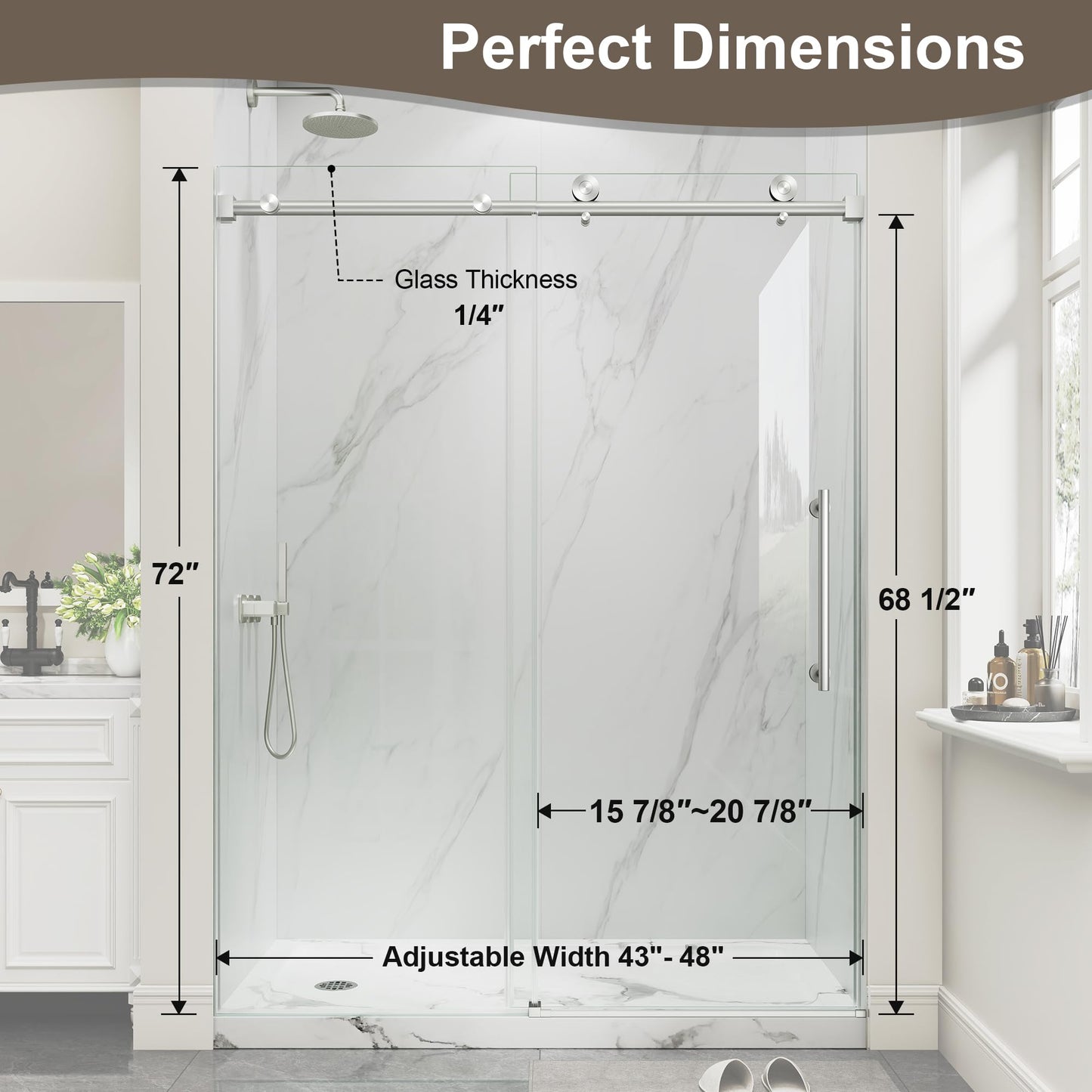 Frameless Glass Shower Door,43-48" W x 72" H Single Sliding Frameless Shower Door,1/4"(6mm) SGCC Tempered Glass,Safety Explosion-Proof Film Nano Coating,Brushed Nickel