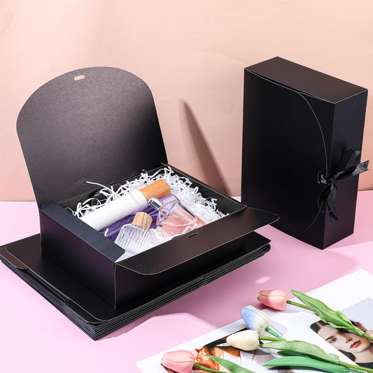 AojSup 15 Pack Gift Boxes with Lids for Presents, Black Present Boxes for Gifts, Paper Box with Ribbon for Wedding Christmas Birthday Baby Shower Party Favors, 10.6 x 7.8 x 3.1 Inches