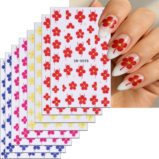 6 Sheets Flower Nail Art Stickers 3D Self -Adhesive Spring Nail Decals Holographic Colorful Floral Five-petaled Flower Nails Stickers for Women Spring Summer Acrylic Nails Decoration Supplies