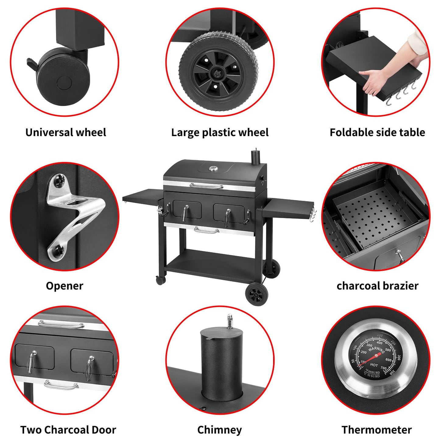 Kenadne Charcoal Grill Outdoor BBQ Grill, Extra Large Cooking Area 794 Square Inches with Two Individual & Adjustable Charcoal Tray, Foldable Side Tables for Outdoor Cooking grill Backyard