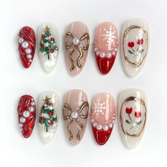 30pcs Christmas Press on Nails Medium Almond Fake Nails with Christmas Tree Bow Snow Pattern Xmas Gel Glitter Pearl Press on False Nails Design Autumn Winter Stick on Nails Gift for Women