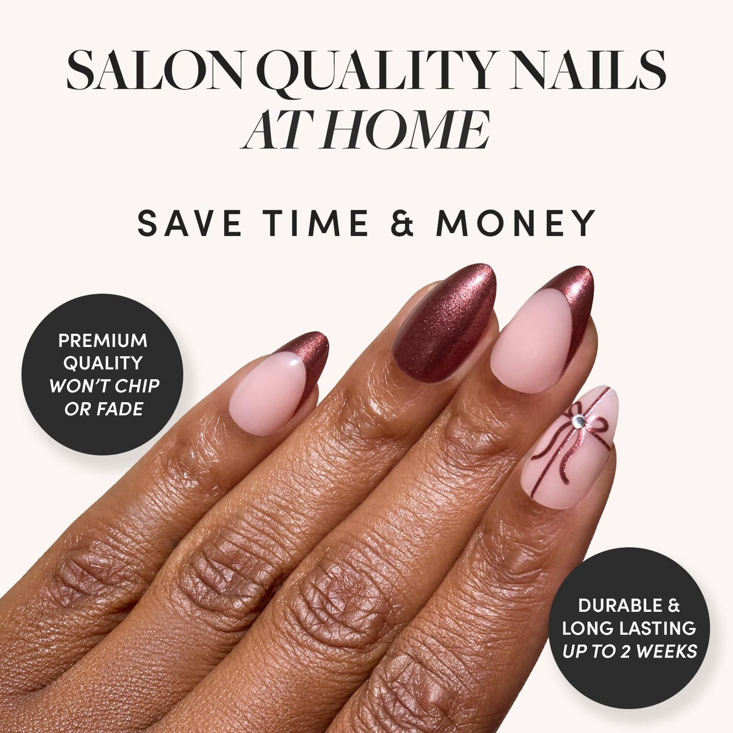 Glamnetic Press On Nails - She's A Gift | Short Almond Fake Nails in Burgundy Chrome with French Tips and Ribbon Designs with 3D Gems, Salon Quality | 15 Sizes - 30 Nail Kit with Glue
