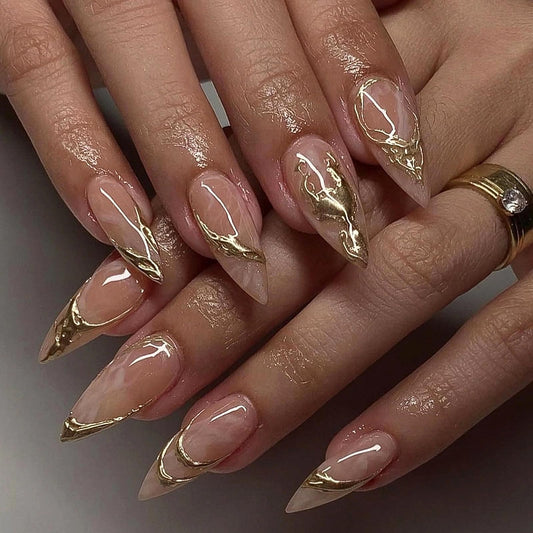 MISUD Press on Nails - Medium Almond Fake Nails with 3D Gold Chrome, Acrylic Bling Design 24 pcs