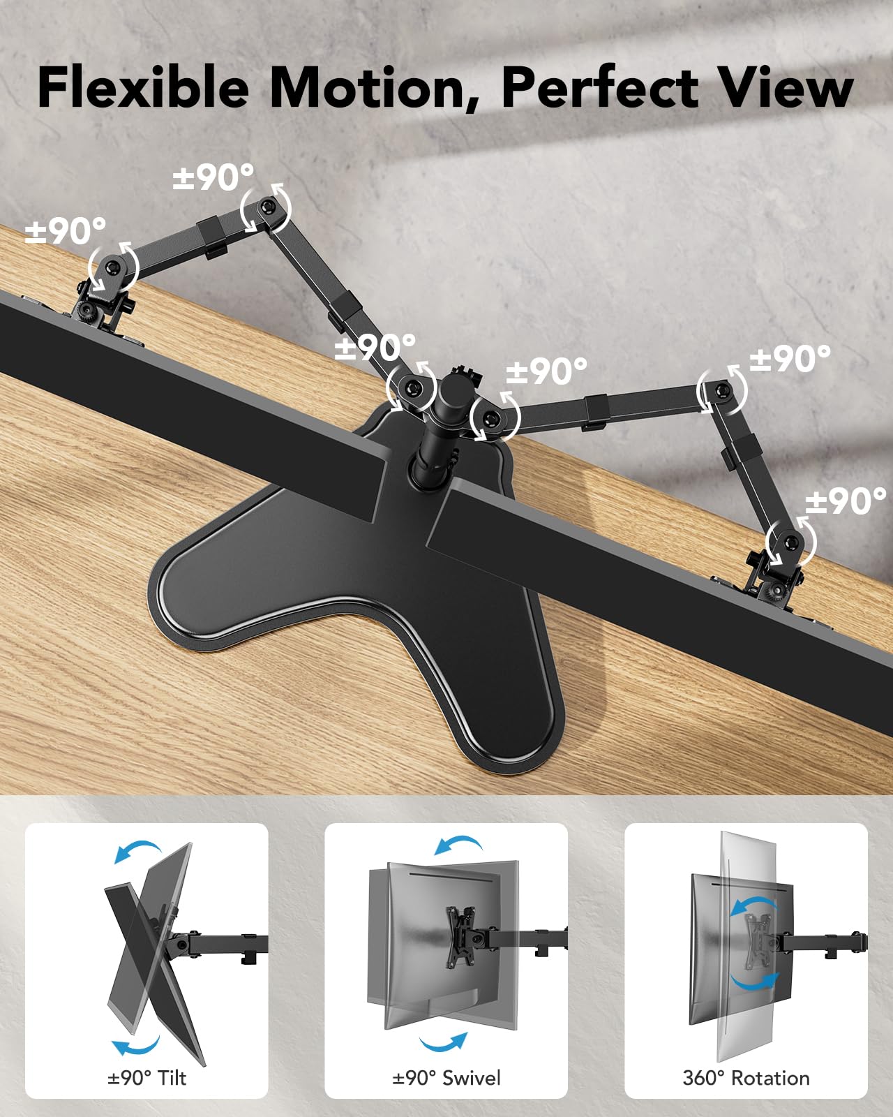 HUANUO 32 inches Dual Monitor Stand up to 17.6lbs per Arm, High-Grade Aluminum Free Standing Dual Monitors Mount for 2 Screens. Fully Adjustable Dual Monitor Stand for Desk with Tilt, Swivel, Rotation