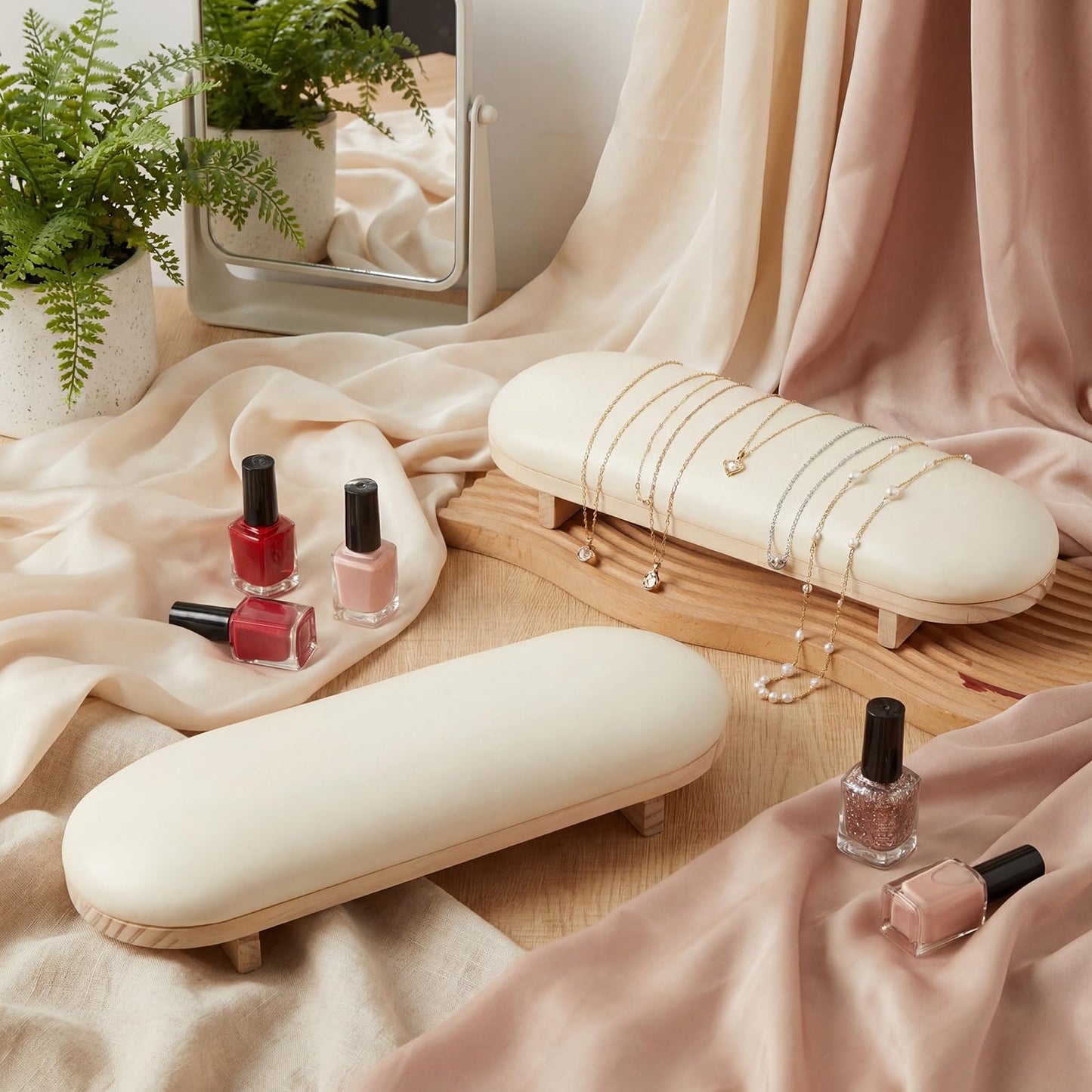 Yinkin 2 Pcs Wooden Arm Rest for Nails Tech Sponge Manicure Hand Rest Pillow Permanent Jewelry Display Nail Stand Necklace Holder for Manicure Salon Jewelry Supplies Necklace Display Cream Yellow