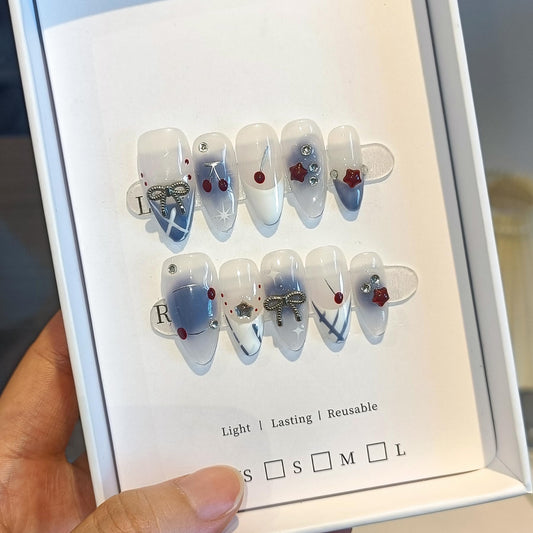 TENPAL Light Blue White French Press on Nails Medium Almond with 3D Charms Bow Rhinestone Cherry,10Pcs Sweet Girls Summer with Full Kit(L)