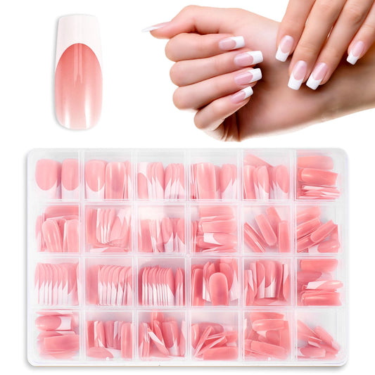 JSRQT 360 Pieces French Tip False Nails Artificial Acrylic Full Cover Fake Tips Press on Nails Square Long Nude Color French Nail Stick on Nail Art Manicure Decorations for Women Girls