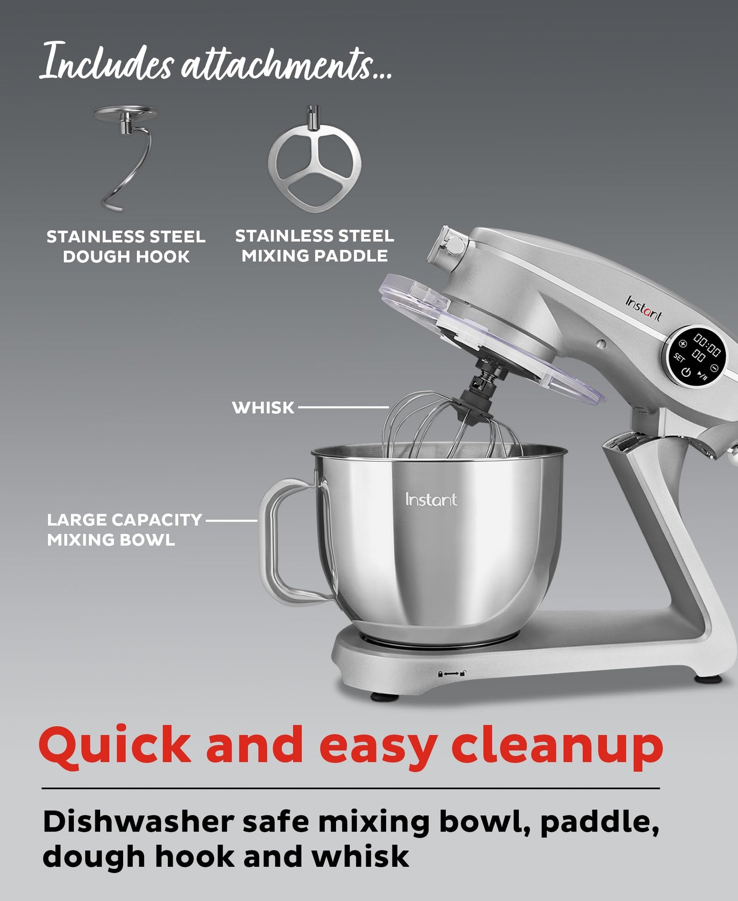 Instant Pot Stand Mixer Pro,600W 10-Speed Electric Mixer with Digital Interface,7.4-Qt Stainless Steel Bowl,From the Makers of Instant Pot,Dishwasher Safe Whisk,Dough Hook and Mixing Paddle,Silver