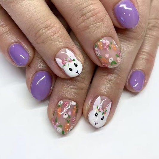 Easter Bunny Press on Nails Short Square Fake Nails with Spring Summer Floral Carrot Pattern Easter Nail Press ons Glossy Purple False Nails Flower Rabbit Glue on Nails for Women 24Pcs