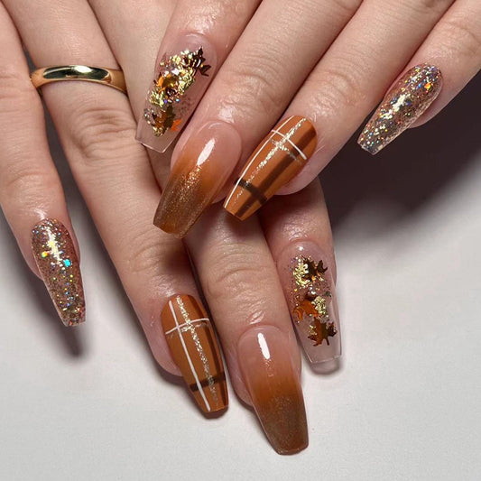 Fall Maple Leaf Nails - Brown Gradient, 24pcs Press Ons with Glossy Finish, Perfect for Thanksgiving