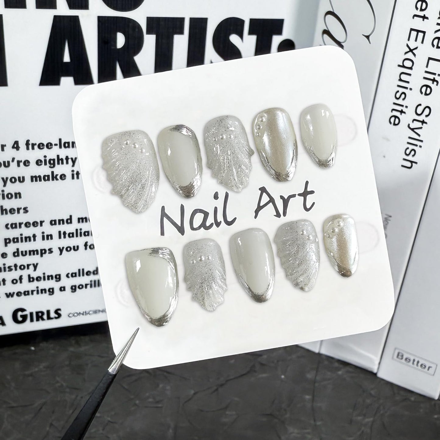 Handmade on Nails Silver French Tip Fake Nail Fish Tail Pearl Embossed Designs Short Almond Acrylic Luxury Muti-Layer Gel False Nail Full Cover Stick on Nail for Women Nails Art (Size M)