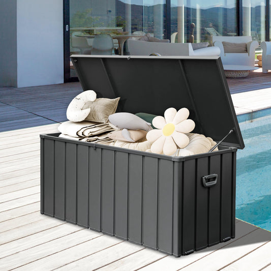 SHPAI 190 Gallon Metal Deck Box, Waterproof Steel Outdoor Box, Large Patio Furniture Storage Cabinet, Lockable Storage Bench for Porch Package Delivery, Pillows, Cushions, Pool, Tools, Backyard, Grey