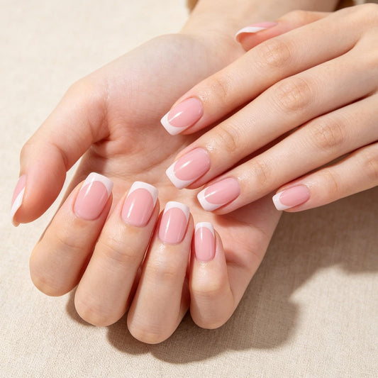 32Pcs French Tip Press On Nails Short Square Fake Nails Press ons Glossy Nude Pink False Nails Reusable Acrylic Stick On Nails for Women Daily Home Office, Manicure Kit with Adhesive Tabs