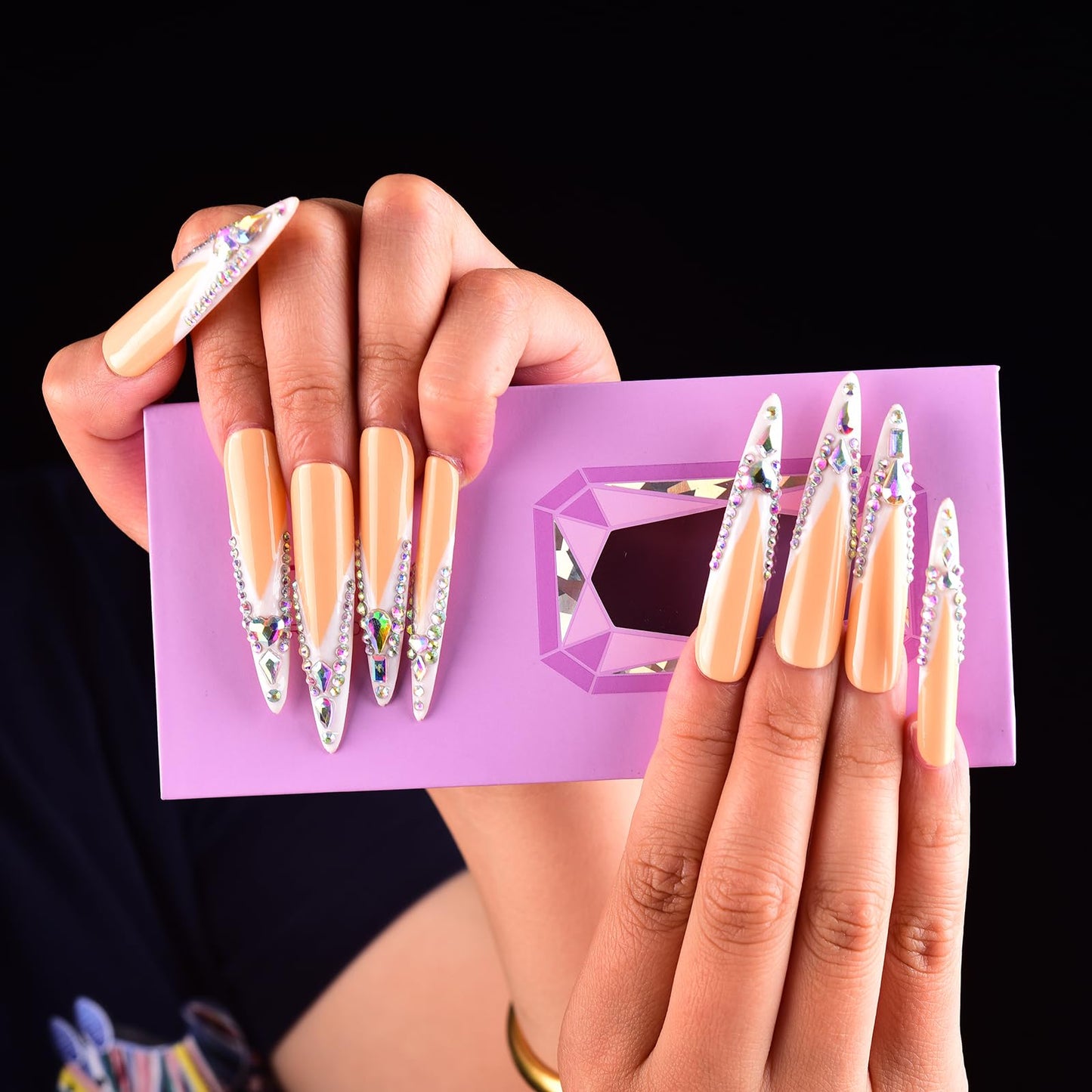 Tmani 10pc/set Extra Long Handmade Press On Nail Hot Girl's Long Ballet Nails Pointed Nail Full of Diamond Glitter Decoration Fake Nails Suitable For Girls Festival Parties and Birthday Gift（007,S)