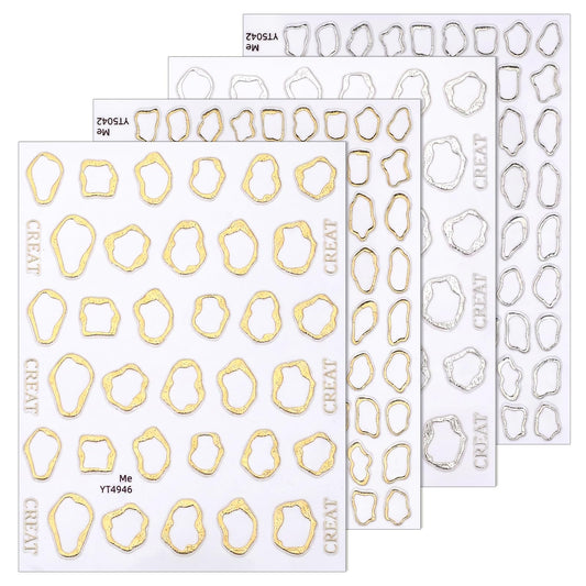 4 Sheets 5D Embossed Nail Stickers for Nail Art - Irregular Geometric Lines Frames Nail Art Design Self Adhesive Chrome Decals for Gel Nails Manicure Accessories-Gold Silver